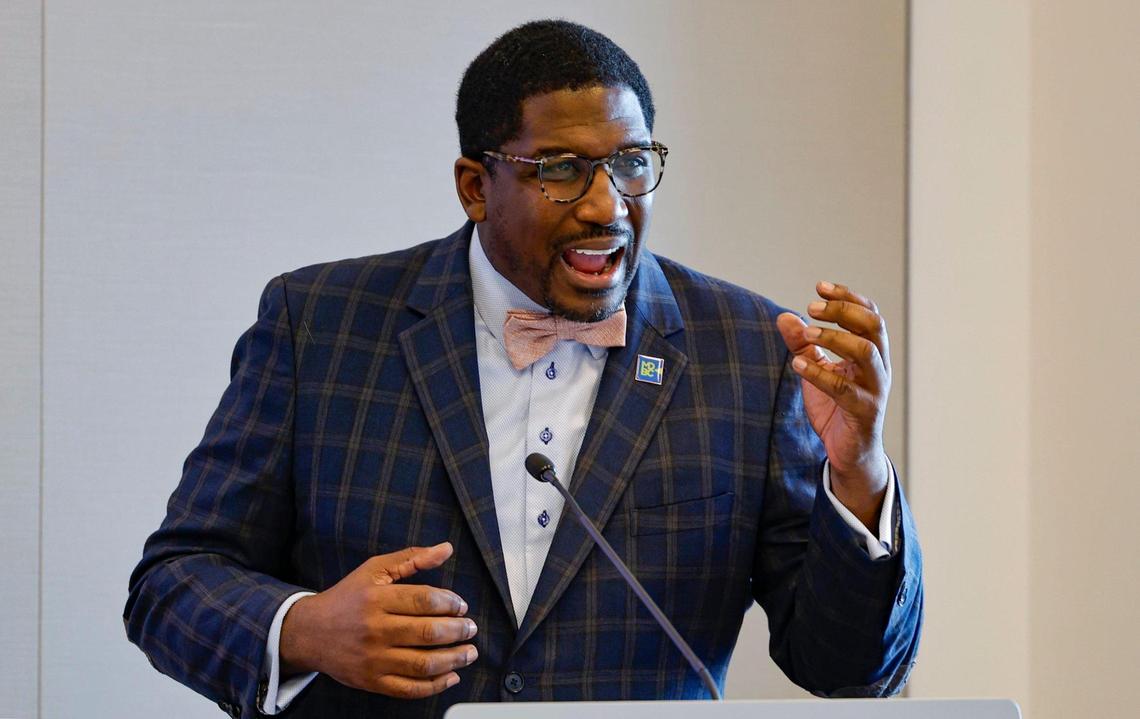 Rodrick Miller, President and CEO of Miami-Dade Beacon Council, speaks during the Miami Leadership Local conference at Bilzen Sumberg in Miami on Friday, October 27, 2023.