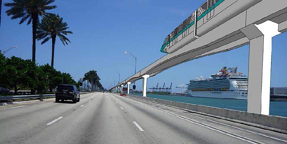 A rendering of how a monorail system could operate on elevated tracks on the MacArthur Causeway between Miami and Miami Beach.