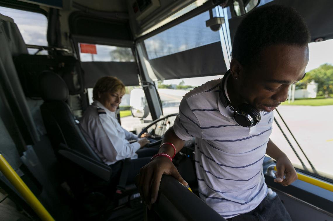 Samuel Jean Joseph, 27, gets off the Dade-Monroe Express bus as it makes its way down to Marathon, Florida, on Aug. 27, 2019.