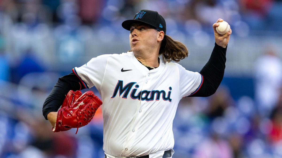 Miami Marlins pitcher Ryan Weathers (60) throws the ball during the first inning of an MLB game against the San Francisco Giants at LoanDepot Park in Miami, Florida, on Tuesday, April 16, 2024.