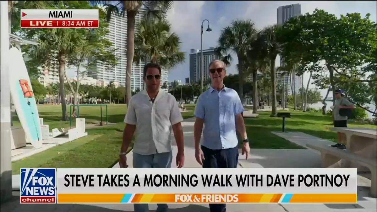 Dave Portnoy with FOX & Friends coast-to-coast host Steve Doocy for “The Morning Walk” at Margaret Pace Park in Edgewater/FOX AND FRIENDS