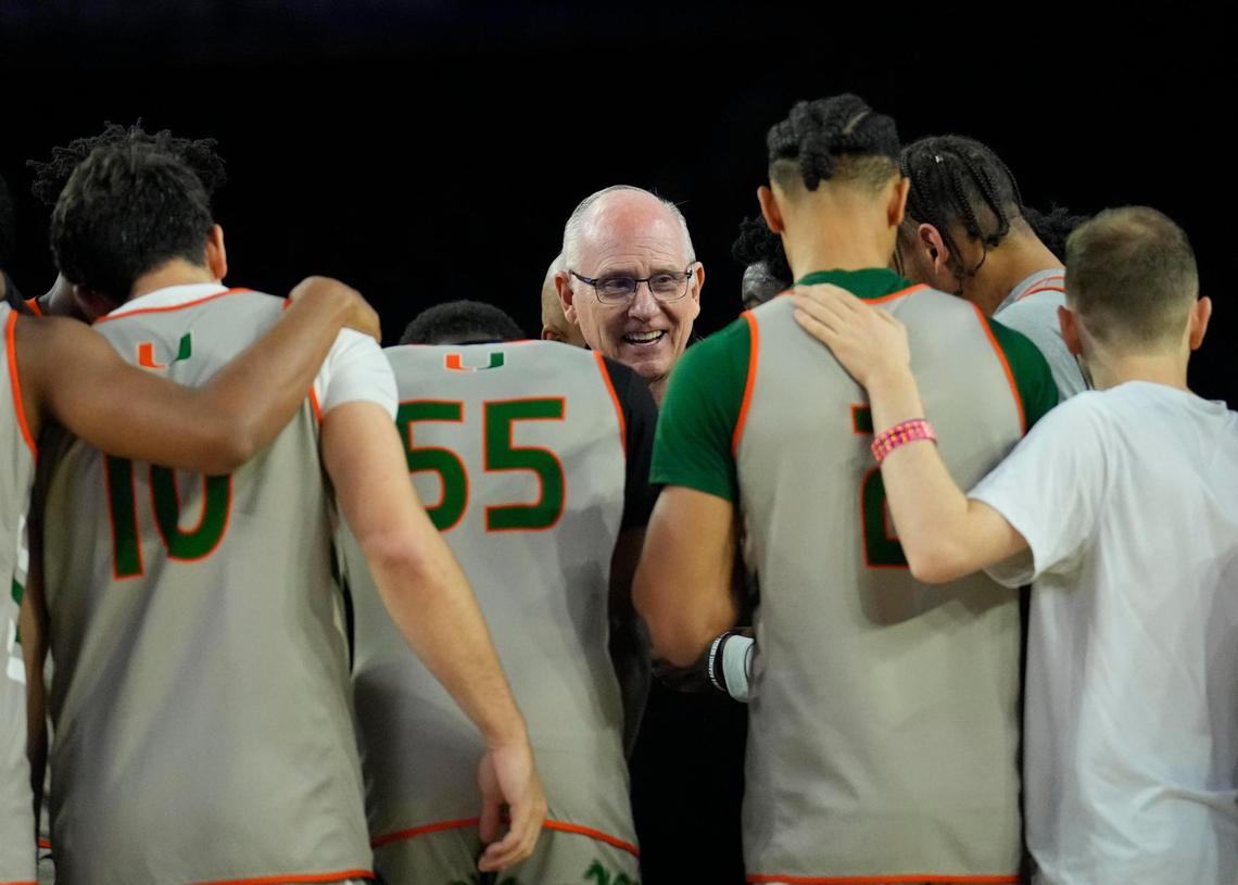 Mar 31, 2023; Houston, TX, USA; Miami Hurricanes head coach Jim Larranaga during a practice session the day before the Final Four of the 2023 NCAA Tournament at NRG Stadium. Mandatory Credit: Robert Deutsch-USA TODAY Sports