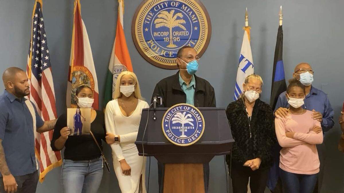 The family of Jane Downs Humphreys speaks at a news conference at Miami police headquarters on Nov. 5, 2021.