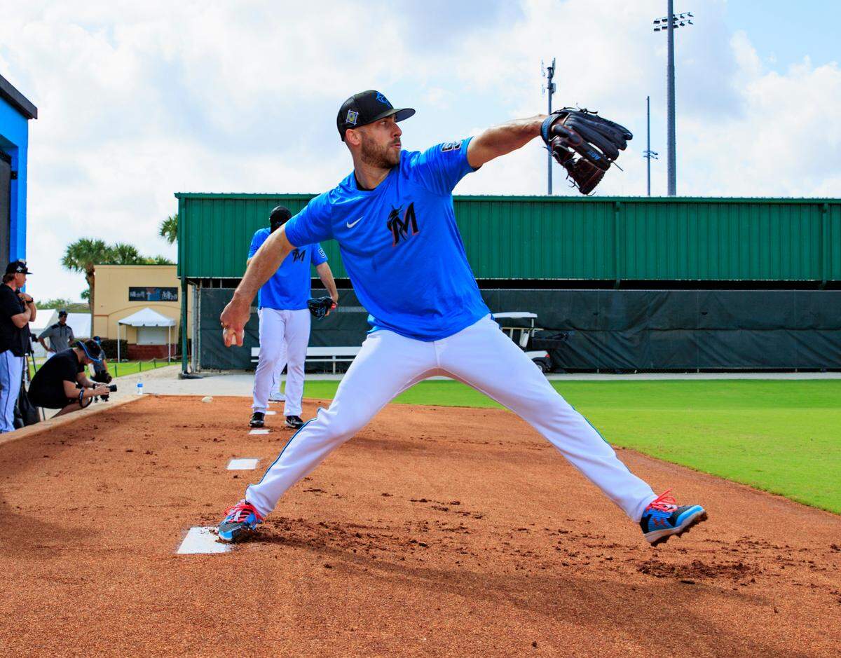 Miami Marlins pitcher Anthony Bass throws during their spring training workout at Roger Dean Stadium on Wednesday, March 16, 2022 in Jupiter, FL.