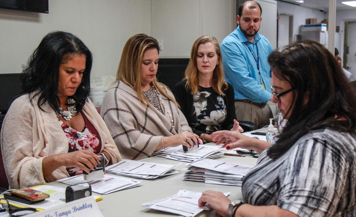 The Miami-Dade County Elections Department canvassing board reviews uncounted ballots on Thursday, Nov. 8, 2018, in Doral.