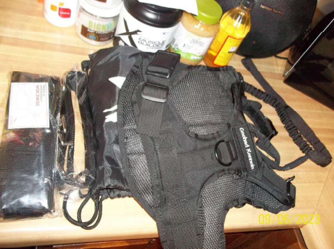 Weighted dog vest with “Geehad Kennels” on it, according to the criminal complaint.