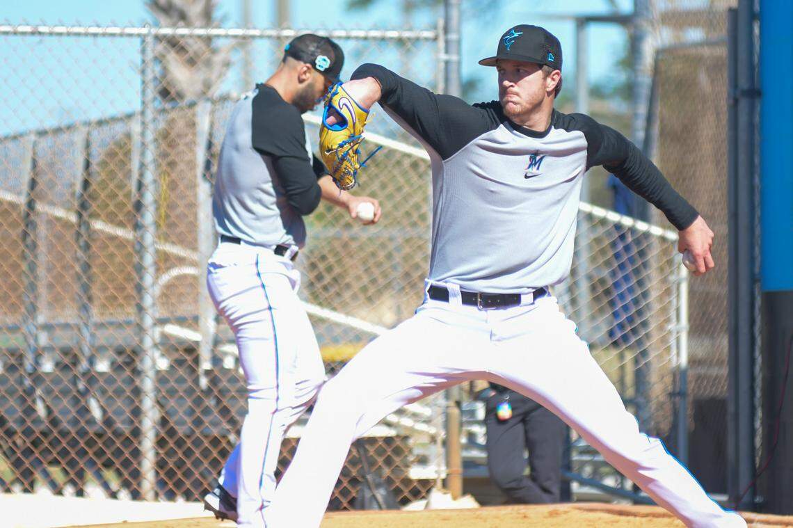 Miami Marlins left-handed pitcher Trevor Rogers throws a bullpen session at the Roger Dean Chevrolet Stadium Complex in Jupiter, Florida, on Monday, Feb. 13, 2023.