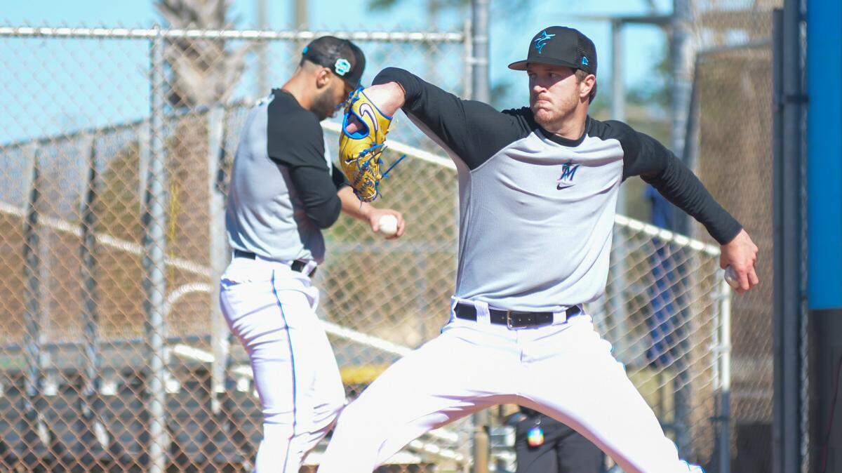 Miami Marlins left-handed pitcher Trevor Rogers throws a bullpen session at the Roger Dean Chevrolet Stadium Complex in Jupiter, Florida, on Monday, Feb. 13, 2023.