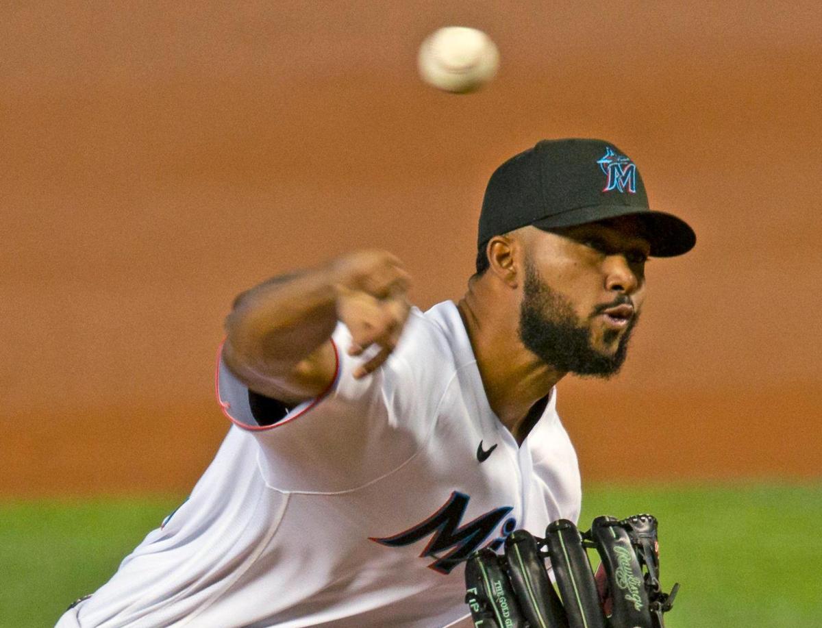 Miami Marlins pitcher Sandy Alcantara (22) pitches against the Washington Nationals during the second inning of the first game of a baseball doubleheader at Marlins Park in Miami on Sunday, September 20, 2020.