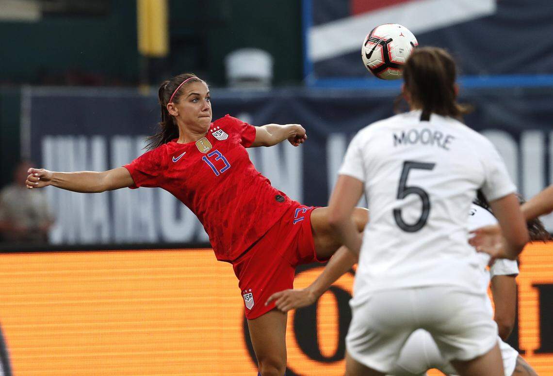 United States’ Alex Morgan keeps he eye on the ball during the first half of an international friendly soccer match against New Zealand Thursday, May 16, 2019, in St. Louis.