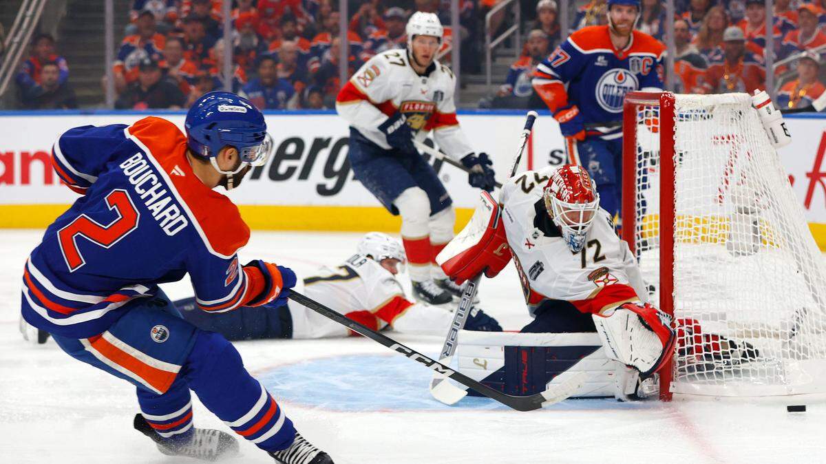 Jun 6, 2025; Edmonton, Alberta, CAN; Edmonton Oilers defenseman Evan Bouchard (2) shoots the puck on Florida Panthers goaltender Sergei Bobrovsky (72) during the first period in game two of the 2025 Stanley Cup Final at Rogers Place. Mandatory Credit: Perry Nelson-Imagn Images