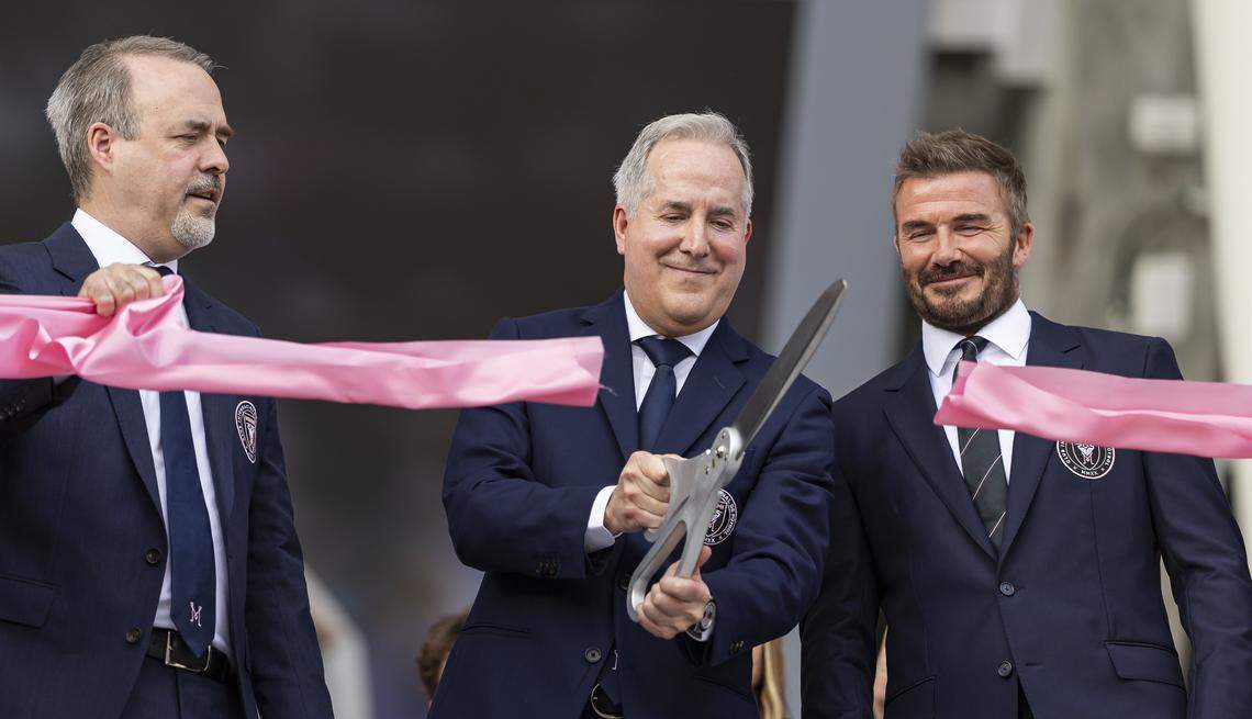 From left to right Inter Miami CF owners Jose Mas, Jorge Mas and David Beckham participate in a ribbon cutting event for Nu Stadium in Miami Freedom Park ahead of their team's MLS match against Austin FC on Saturday, April 4, 2026, in Miami, Fla.