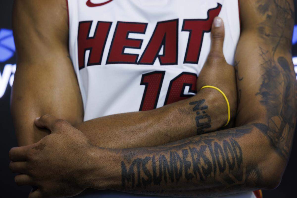 Keshad Johnson (16) talks to the press during the Miami HEAT Media Day on Monday, Sept. 29, 2025, at the Kaseya Center in downtown Miami, Fla.