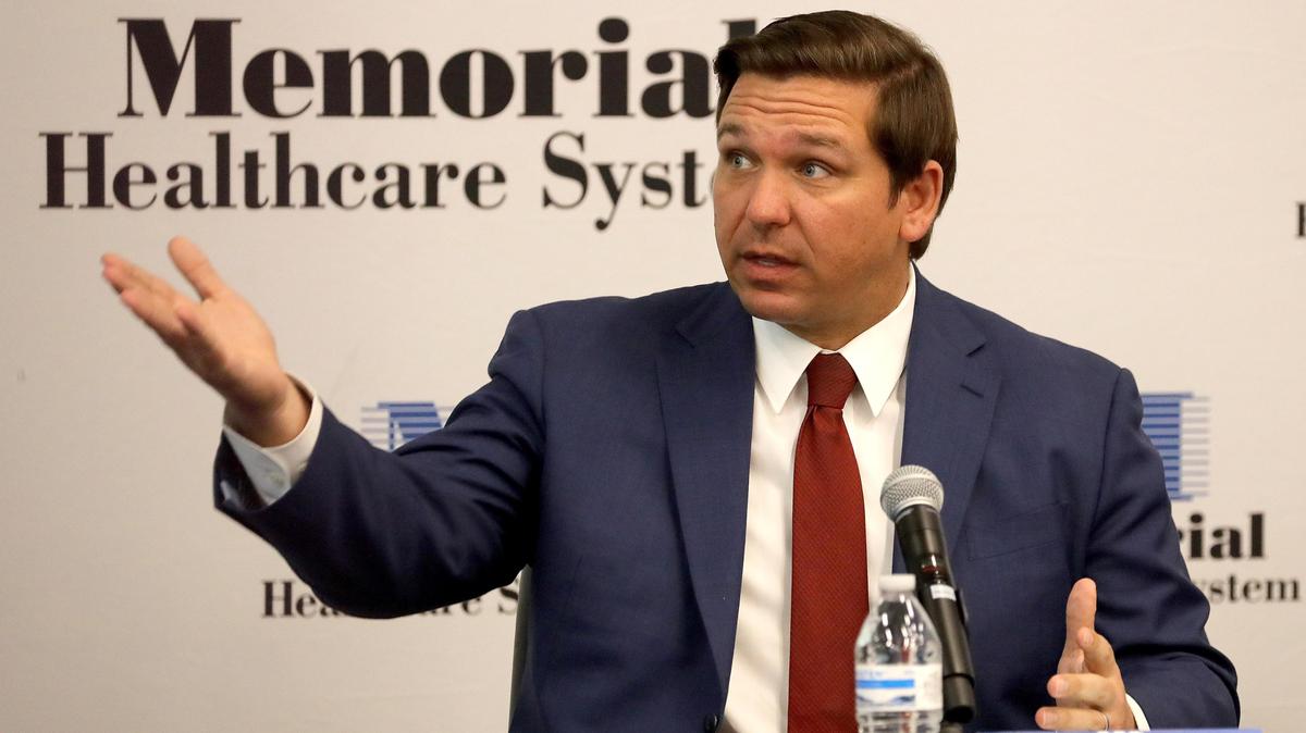 Florida Gov. Ron DeSantis speaks to doctors and employees of Memorial Hospital during a presentation dealing with transparency in healthcare costs.