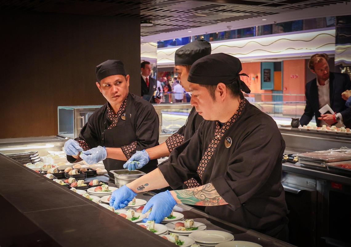 Sushi chefs prep the Sushi Kaito Bar for travelers and visitors. MSC Cruises officially named its highly-anticipated new flagship, MSC World America, at the line’s new state-of-the-art MSC Miami Cruise Terminal on Wednesday, April 9, 2025, at PortMiami.