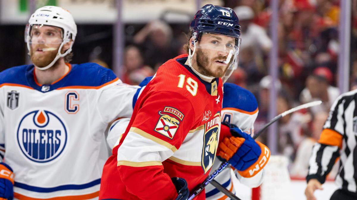 Florida Panthers left wing Matthew Tkachuk (19) looks on after a play against the Edmonton Oilers in the third period of Game 2 of the NHL Stanley Cup Finals at the Amerant Bank Arena on Monday, June 10, 2024, in Sunrise, Fla.