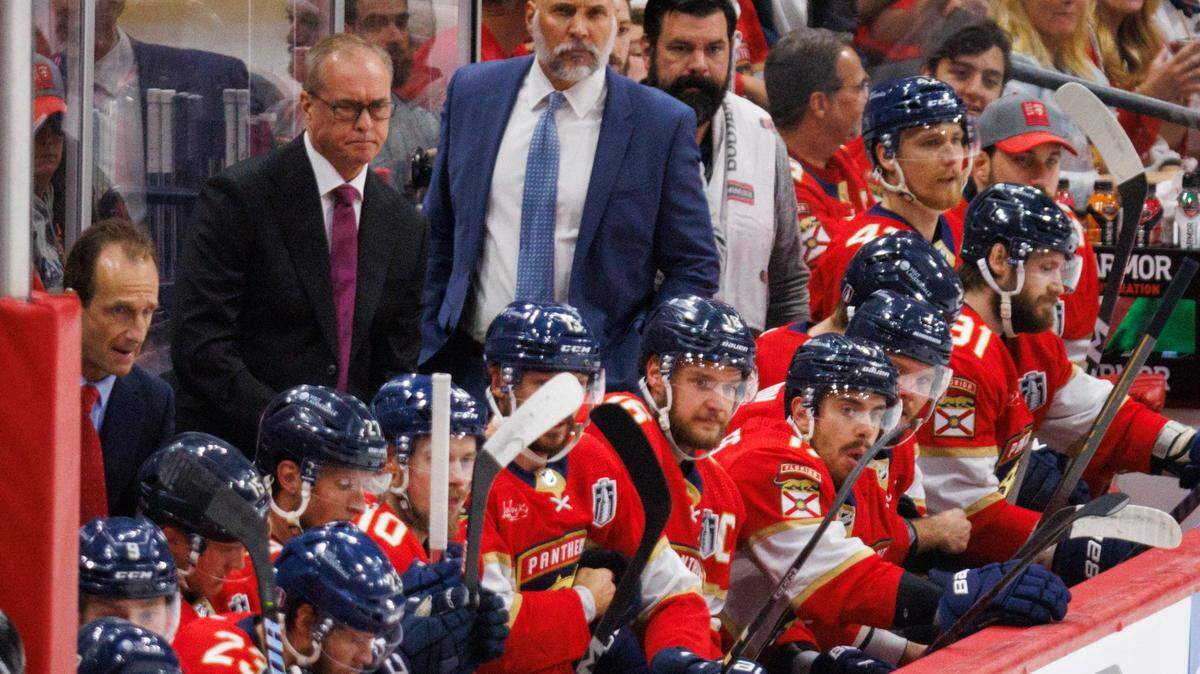 Florida Panthers head coach Paul Maurice watches the game during the first period of Game 5 of the NHL Stanley Cup Final at the Amerant Bank Arena on Tuesday, June 18, 2024 in Sunrise, Fla.