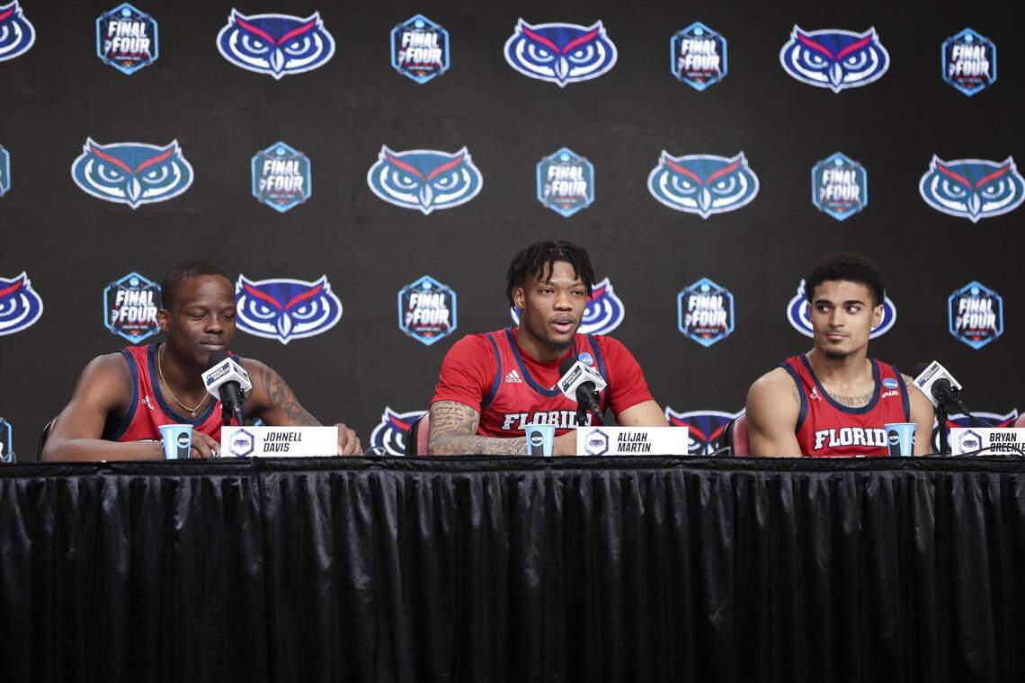 Mar 30, 2023; Houston, TX, USA; Florida Atlantic Owls guard Alijah Martin talks with media at NRG Stadium. Mandatory Credit: Troy Taormina-USA TODAY Sports