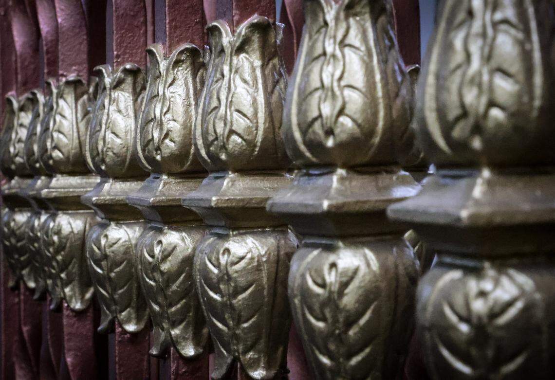 A detail photo of the iron panels separate the seating area from the courtroom hallways, is one of the historic elements repaired as part of restoration of the old courthouse in Miami, Florida, on Wednesday, January 14, 2026. The Dade County Courthouse is significant as an excellent example of Neo-Classical architecture. The detailing of the remaining historic interior spaces and features continue to reflect this distinctive style and contributes to a more complete understanding of the historic character of the Courthouse.