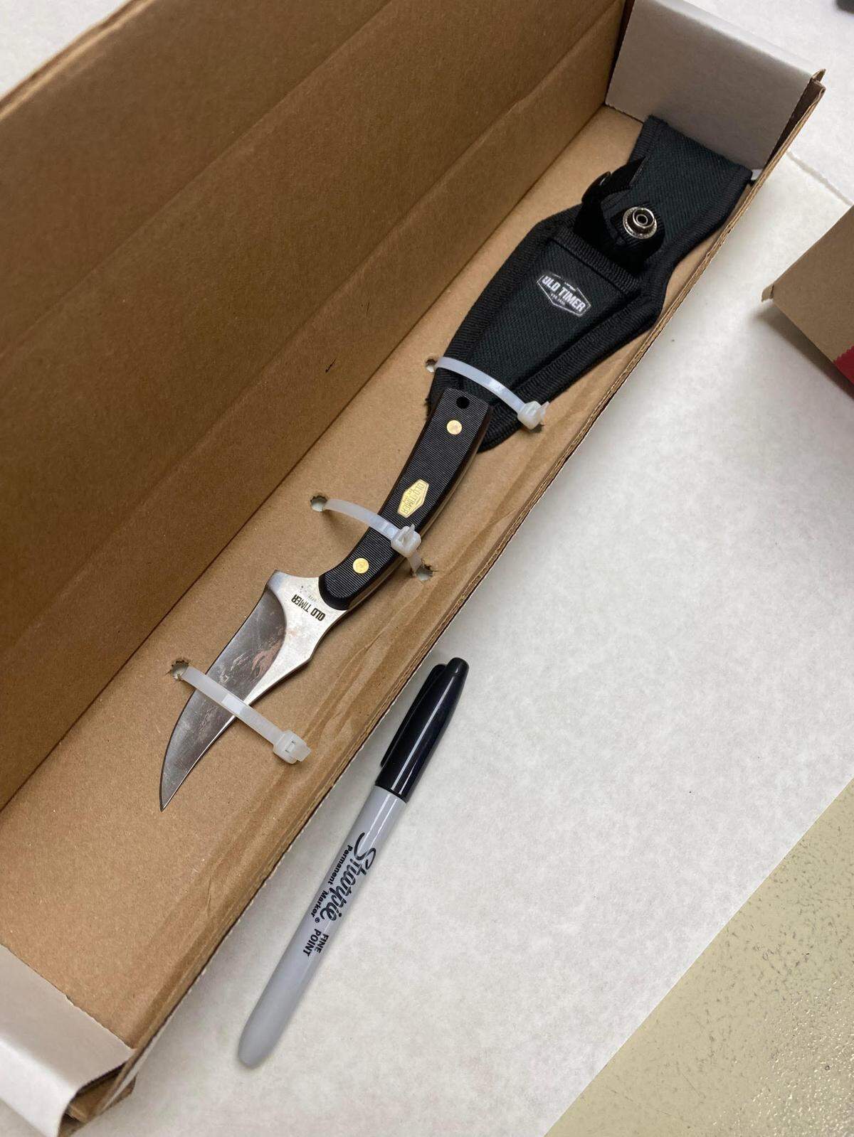 A photo obtained by the Miami Herald shows a 3-inch, fixed-blade knife Key West police say was used to stab a 19-year-old woman Thursday, Dec. 22, 2023.