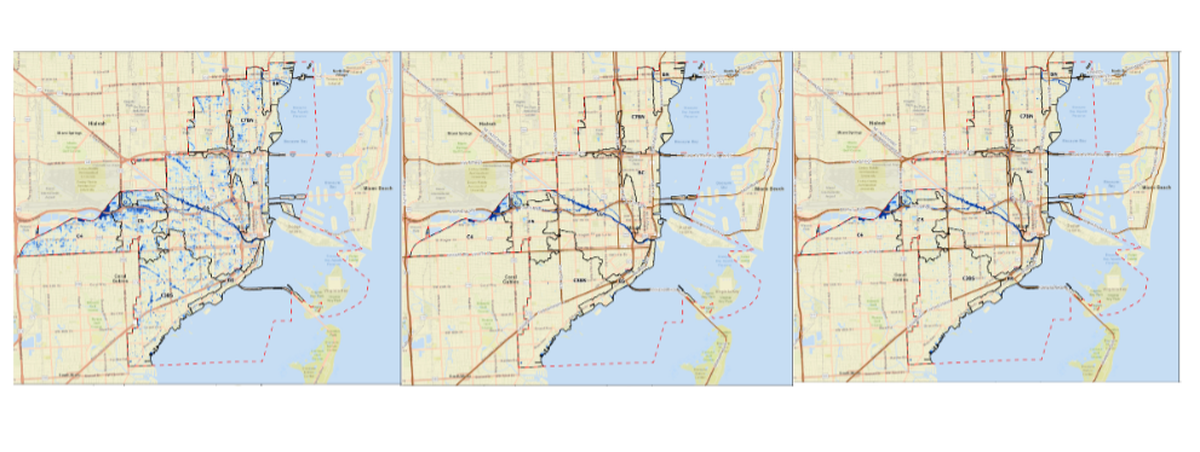 Modeling from Miami’s new stormwater master plan shows three scenarios where the city is inundated with about 10 inches of rain in 72 hours: one where no new drainage infrastructure is installed, one where $5.6 billion of infrastructure is built and one where $3.8 billion of infrastructure is built.