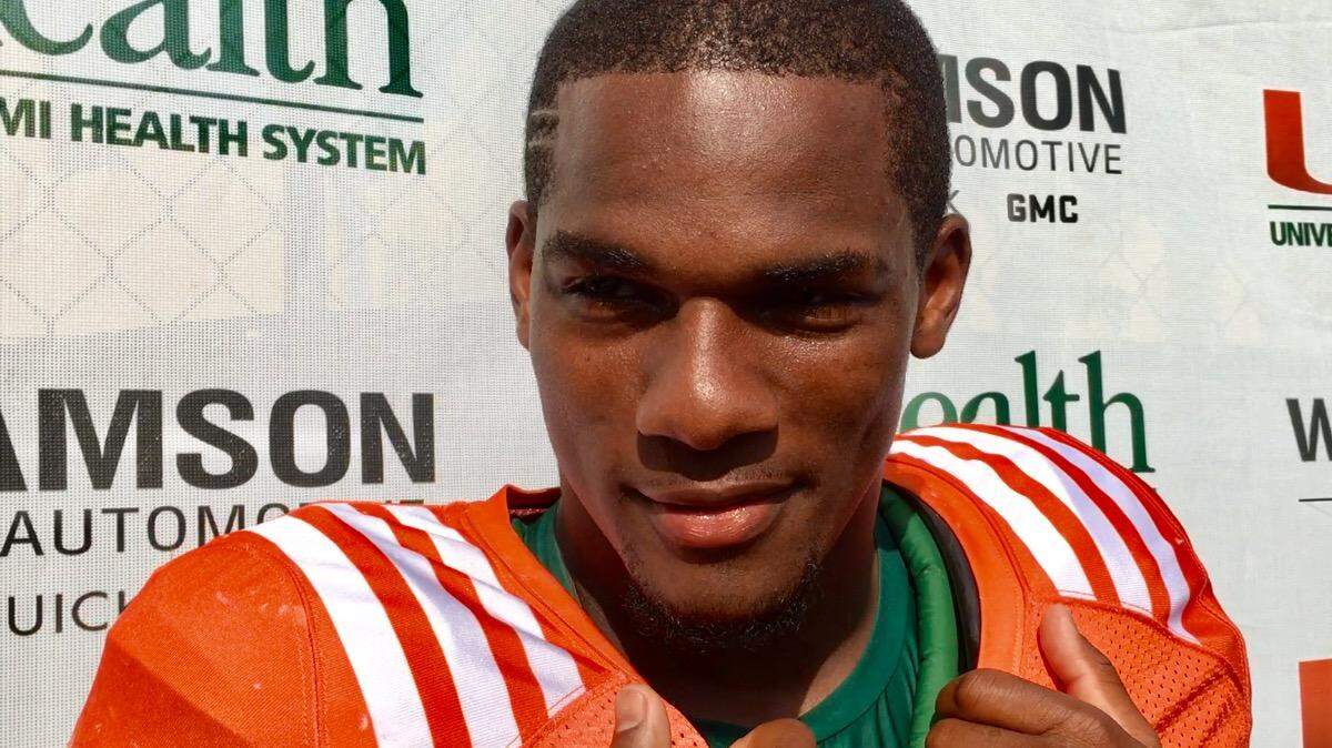 Miami Hurricanes running back Mark Walton speaks to the media after practice after a bowl practice on Dec. 21, 2016. 