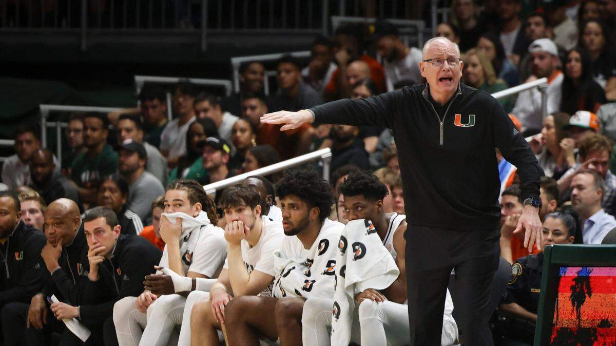 Hurricane’s Head Coach Jim Larrañaga shouts to his team during the second half of an NCAA game between the University of Miami Hurricanes and the University of Virginia Cavaliers on Tuesday, Dec. 20, 2022, at the Watsco Center in Coral Gables. The Hurricanes won 66-64.