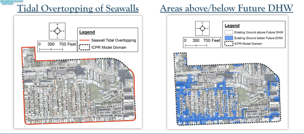 These maps show conditions in 2060 with several feet of sea level rise. On the left, the map shows most of the village’s sea walls would be overtopped by waves. On the right, the map shows spots where groundwater reaches the surface of the ground during high tide.