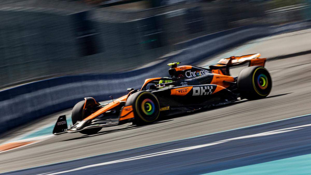 McLaren driver Lando Norris of Britain takes Turn 1 on his way to winning the 2024 Formula 1 Crypto.com Miami Grand Prix at the Miami International Autodrome in Miami Gardens.