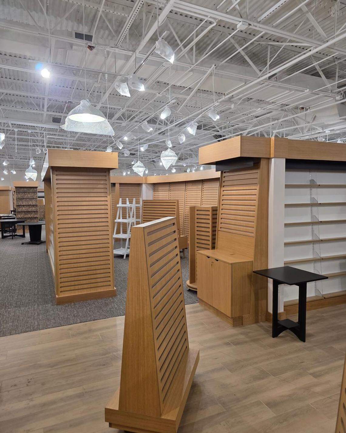 These bare shelves, seen on Aug. 10, 2025, less than a month before the Colonial Palms Plaza Barnes & Noble opens at 13605 S. Dixie Hwy. They will be filled and ready to sell books for the store opening on Sept. 3 just after Labor Day.