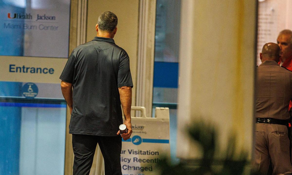 UM Hurricanes’ coach Mario Cristobal arrives to the Ryder Trauma Center at Jackson Memorial Hospital to visit the family of defensive player Kam Kinchens, who was injured during a play in the game against the Texas A&M team, and later put on a stretcher and carted off the field to the hospital, on Saturday, Sept. 9, 2023.