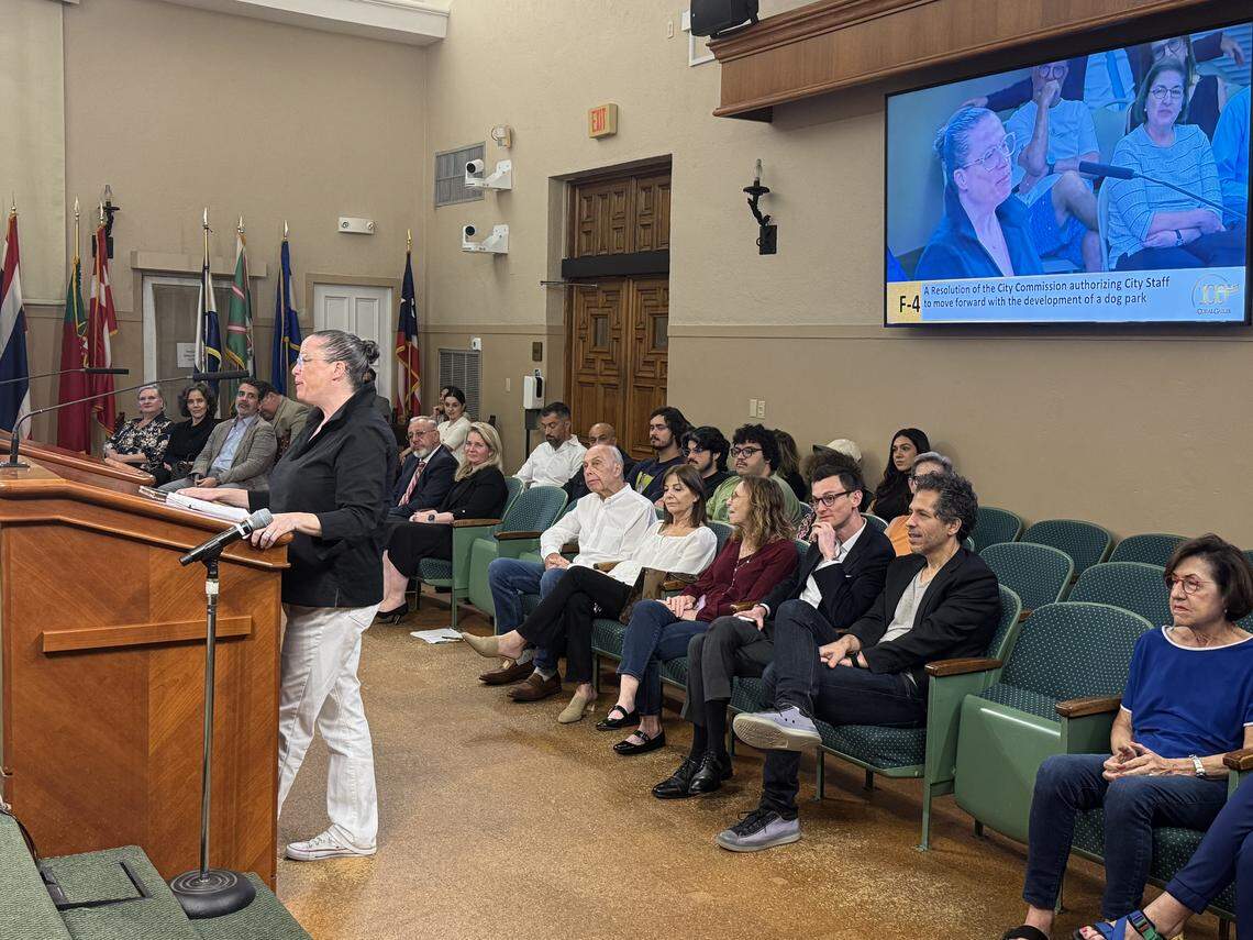 Coral Gables resident Mary Powell spoke at Tuesday’s Nov. 18, 2025, commission meeting about why the city should approve plans to create a dog park near the Coral Gables library.