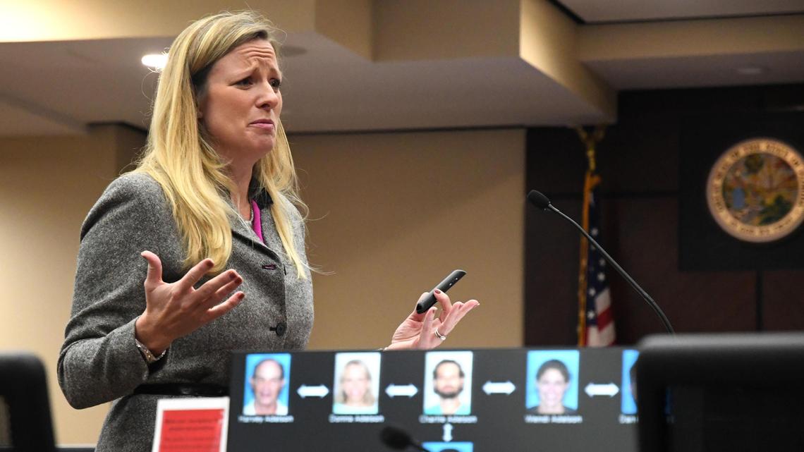 Assistant State Attorney Georgia Cappleman presents her closing argument to the jurors Thursday, Oct. 10, 2019. Cappleman displays a graphic showing the connection of the defendants to the Adelson family and Dan Markel.