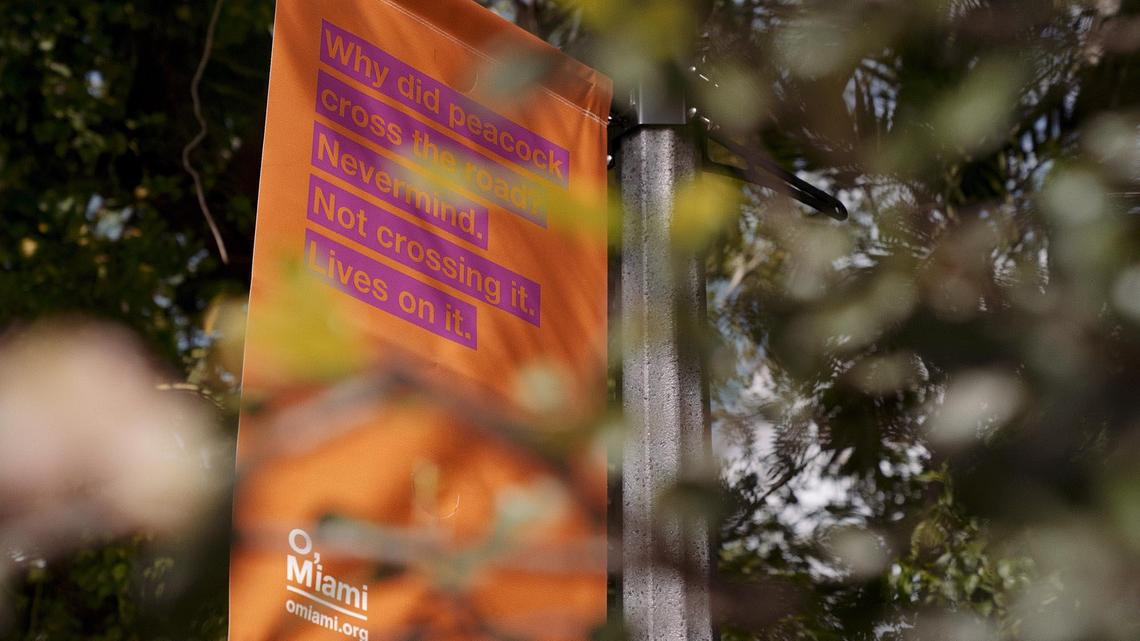 A Grove Ode banner hangs from a streetlight during the O, Miami Poetry Festival