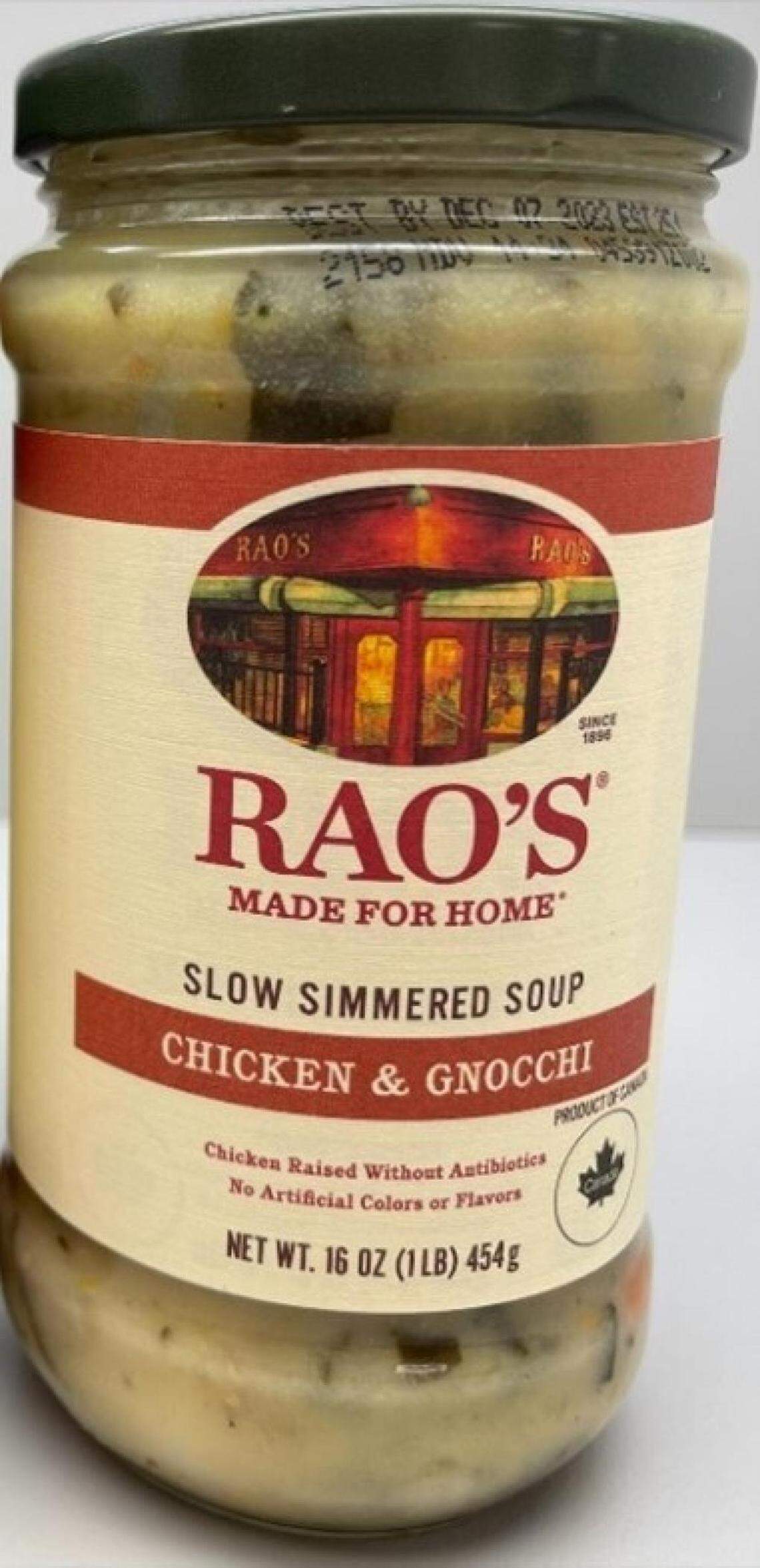 Rao’s Chicken & Gnocchi-labeled jar with actual chicken and gnocchi soup.