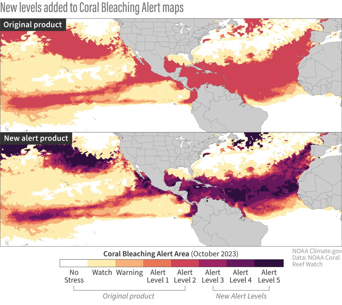 The marine heat wave in the summer of 2023 was so severe it drove NOAA to add new colors to their graphic projecting how bad a bleaching event could be. The new top category, alert level five, represents a risk of “near complete mortality” to local corals.