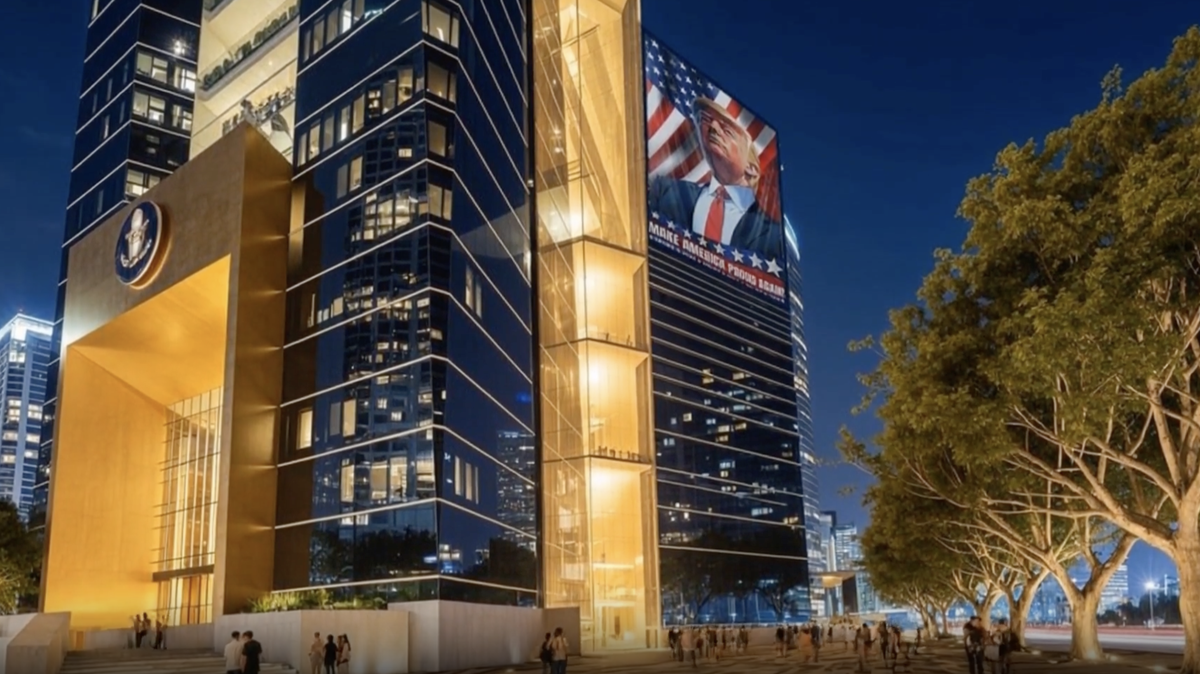 An image of President Donald Trump’s planned presidential library in downtown Miami. The president told reporters on Tuesday, March 31, 2026, the tower would likely include hotel rooms, too. 