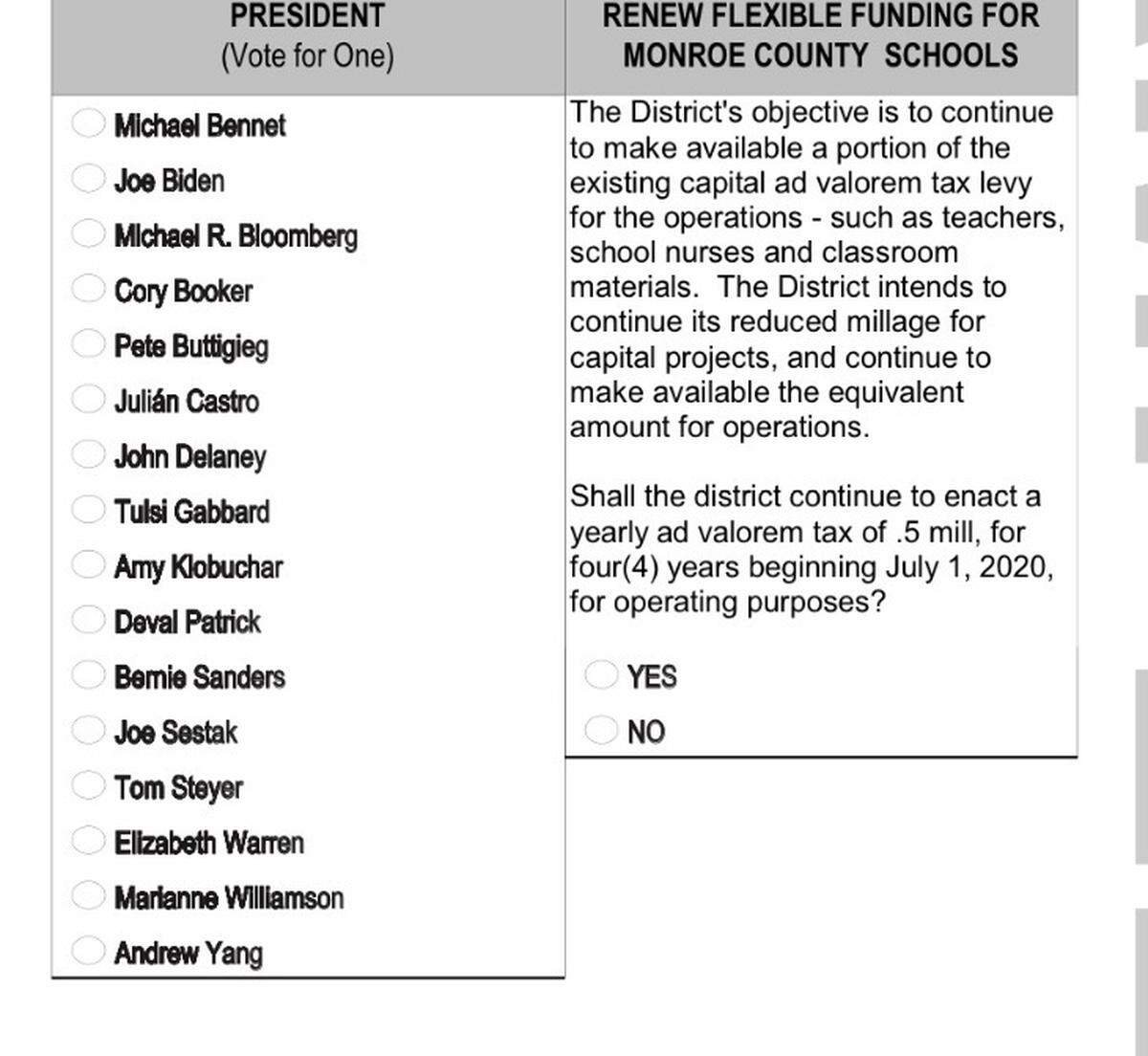 The March 17, 2020, primary in the Keys includes presidential candidates as well as two ballot initiatives and one city council election.