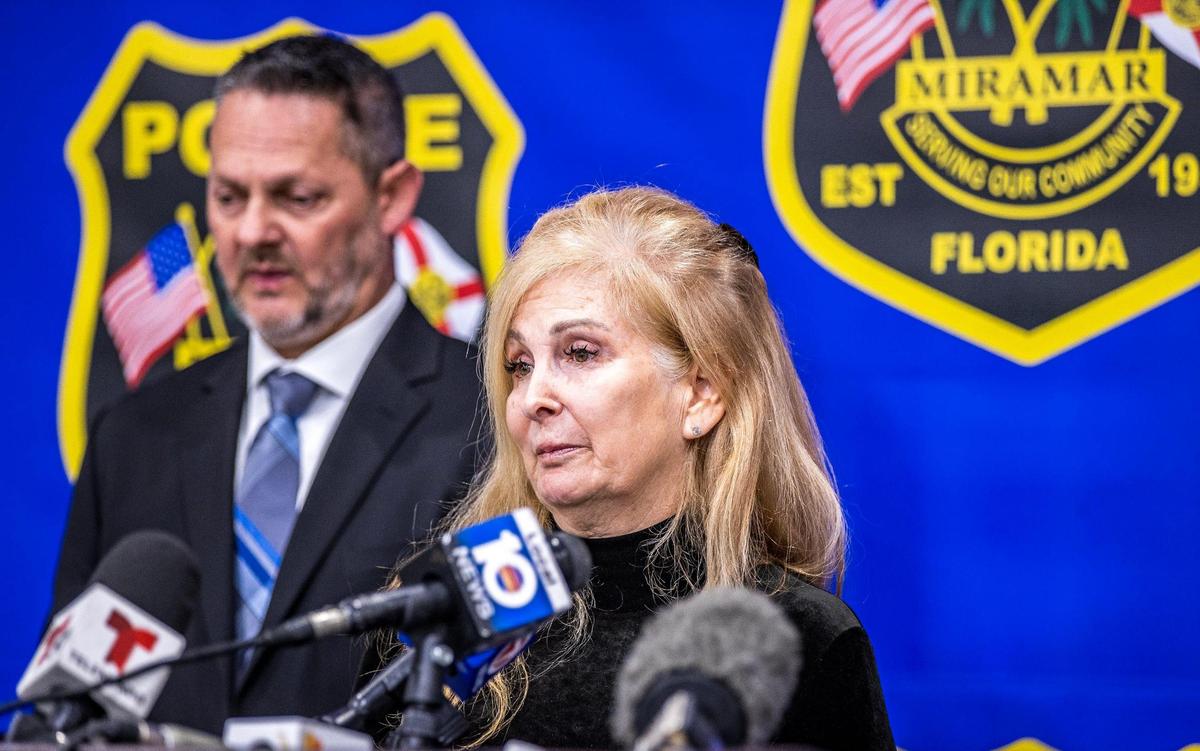 Lori Halpern, the sister of William “Billy” Halpern, who was brutally murdered in his home, speaks at a press conference at the Miramar Police headquarters on Wednesday, January 17, 2024.