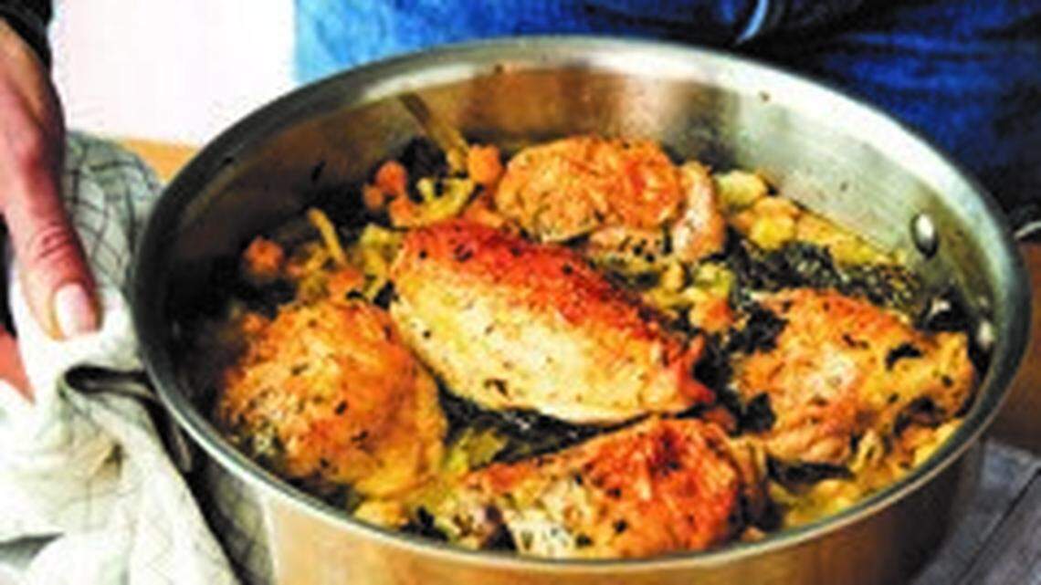 One-pan lemony chicken with kale and chickpeas.