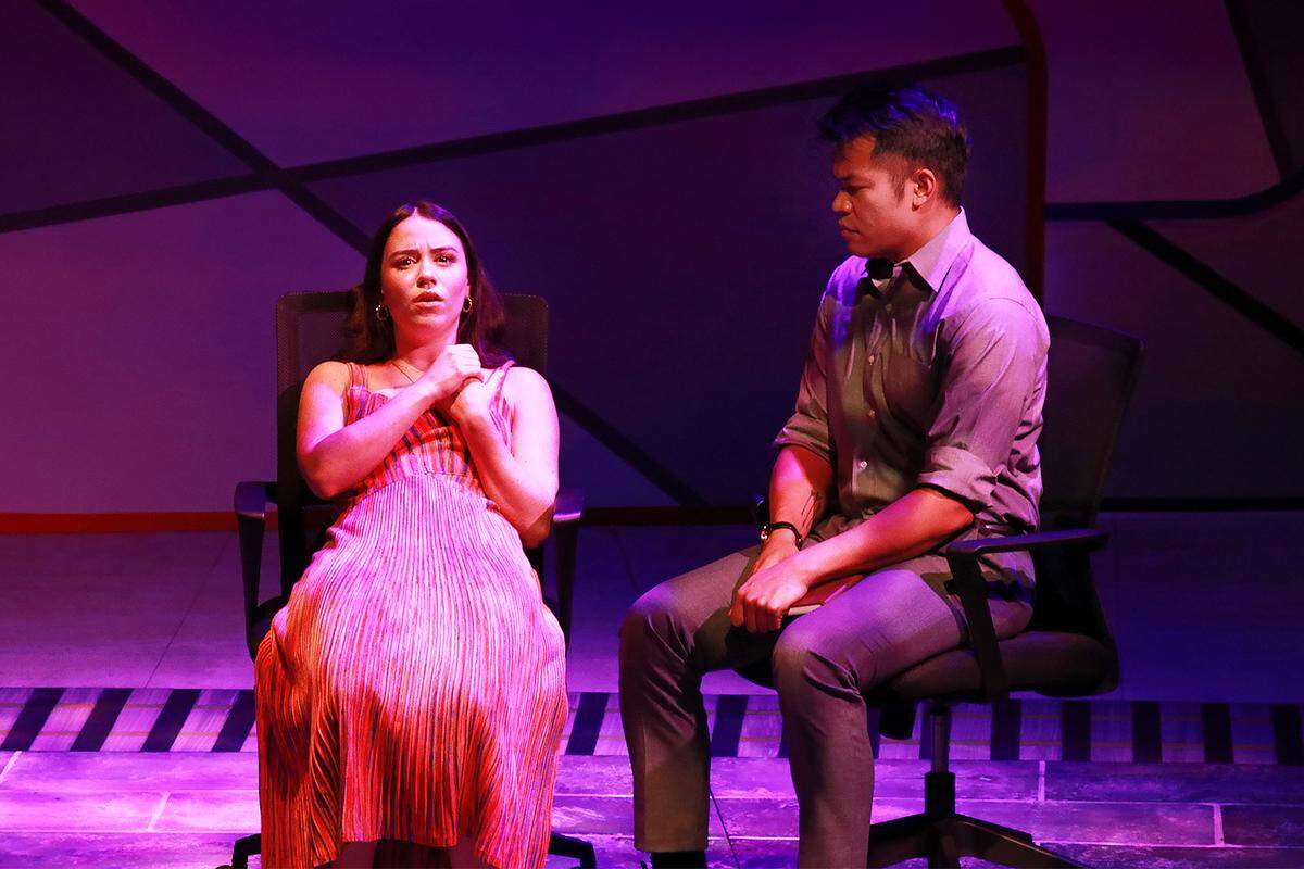 Allie Beltran as Megan Hipwell confides in her therapist played by Nate Promkul in “The Girl On The Train” at Actors’ Playhouse, Coral Gables.