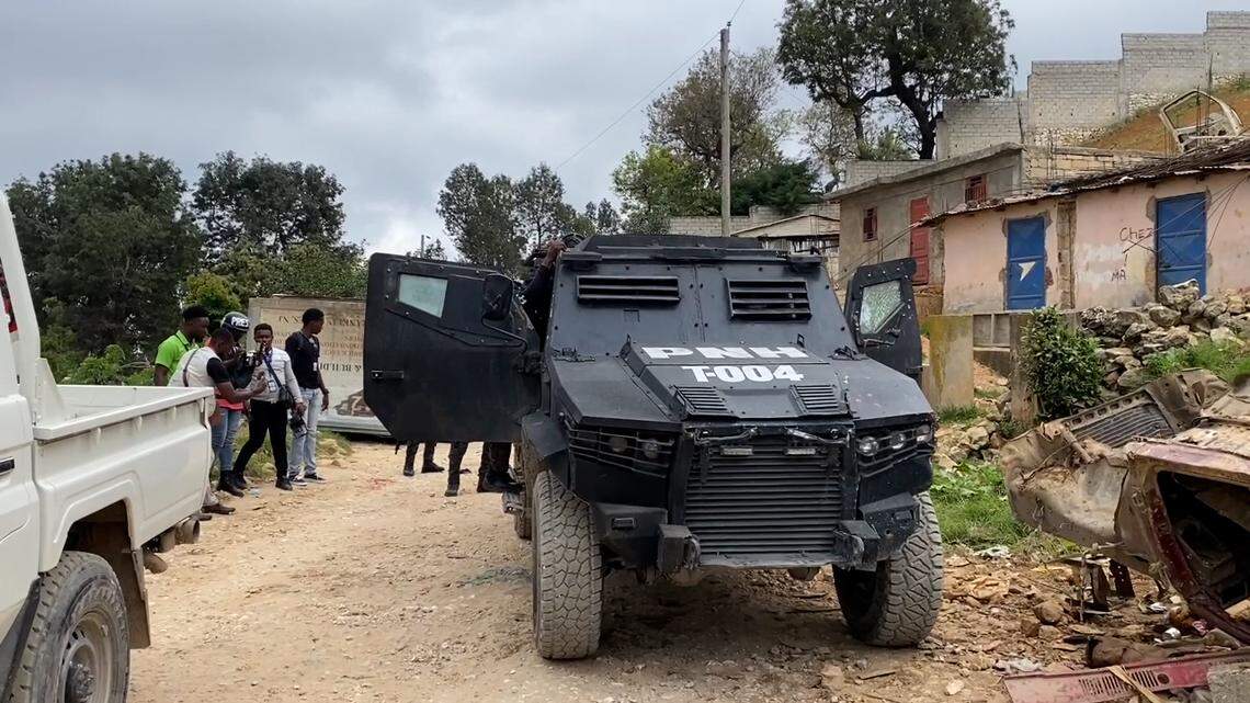 A Haiti National Police armored vehicle stands by in Kenscoff, Haiti where rural farmers and vegetable vendors were forced to flee from on Monday, January 27, 2025 after armed gangs launched deadly attacks on the area above Port-au-Prince.