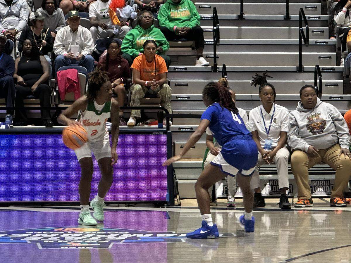 Blanche Ely’s Teriyah McFadden looks to drive or pass the basketball on Friday during the Class 5A girls’ state championship game against Pensacola Washington at UNF Arena in Jacksonville, Fla.