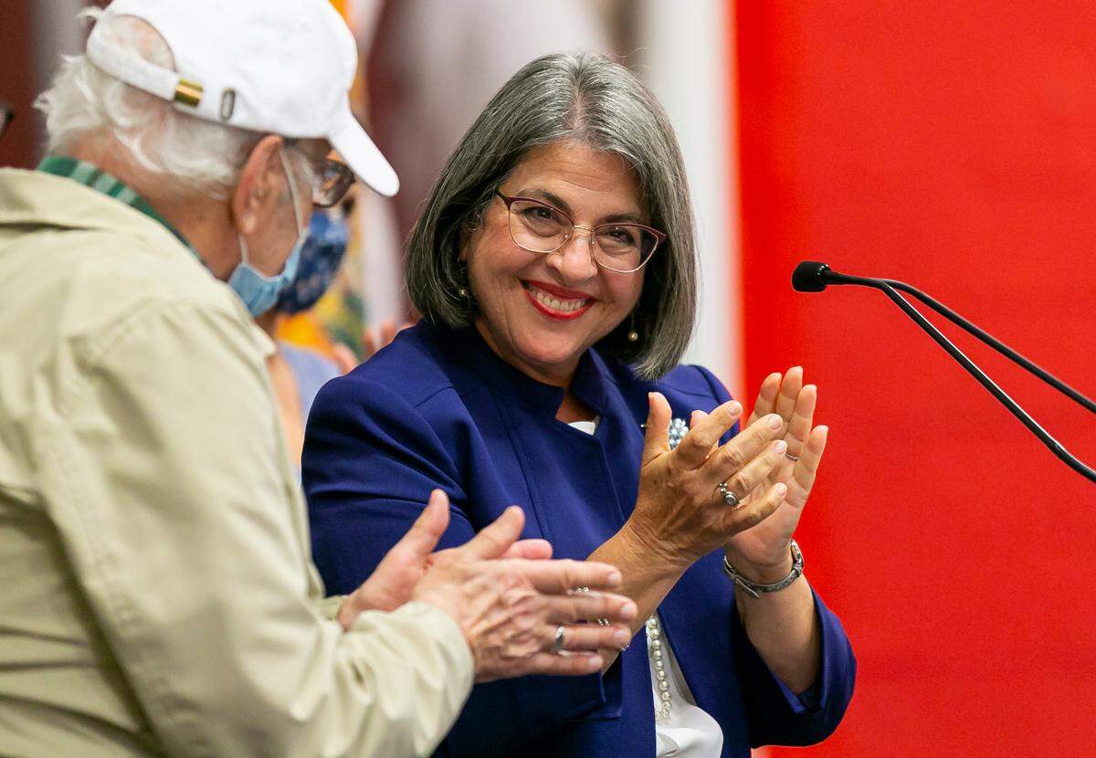 Daniella Levine Cava celebrates during her watch party in Wynwood, Florida after winning the Miami-Dade mayoral race against Esteban Bovo on Tuesday, November 3, 2020.