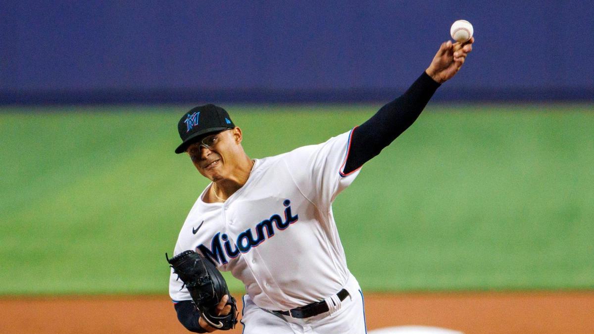 Miami Marlins starting pitcher Jesus Luzardo (44) pitches during the first inning of the baseball game against the St. Louis Cardinals at LoanDepot Park on Tuesday, April 19, 2022 in Miami, Florida.