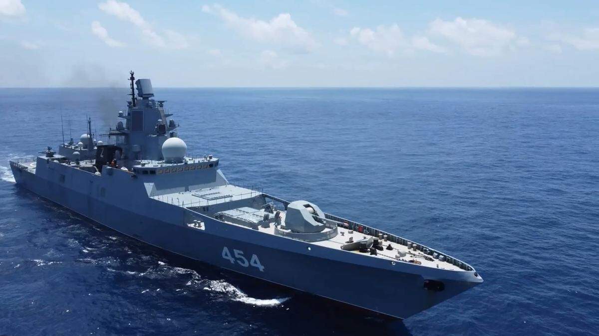 APRIL 7, 2023: The Russian frigate Admiral Gorshkov holds exercises in the Red Sea. Russian Defence Ministry Press Office/TASS/Sipa USA