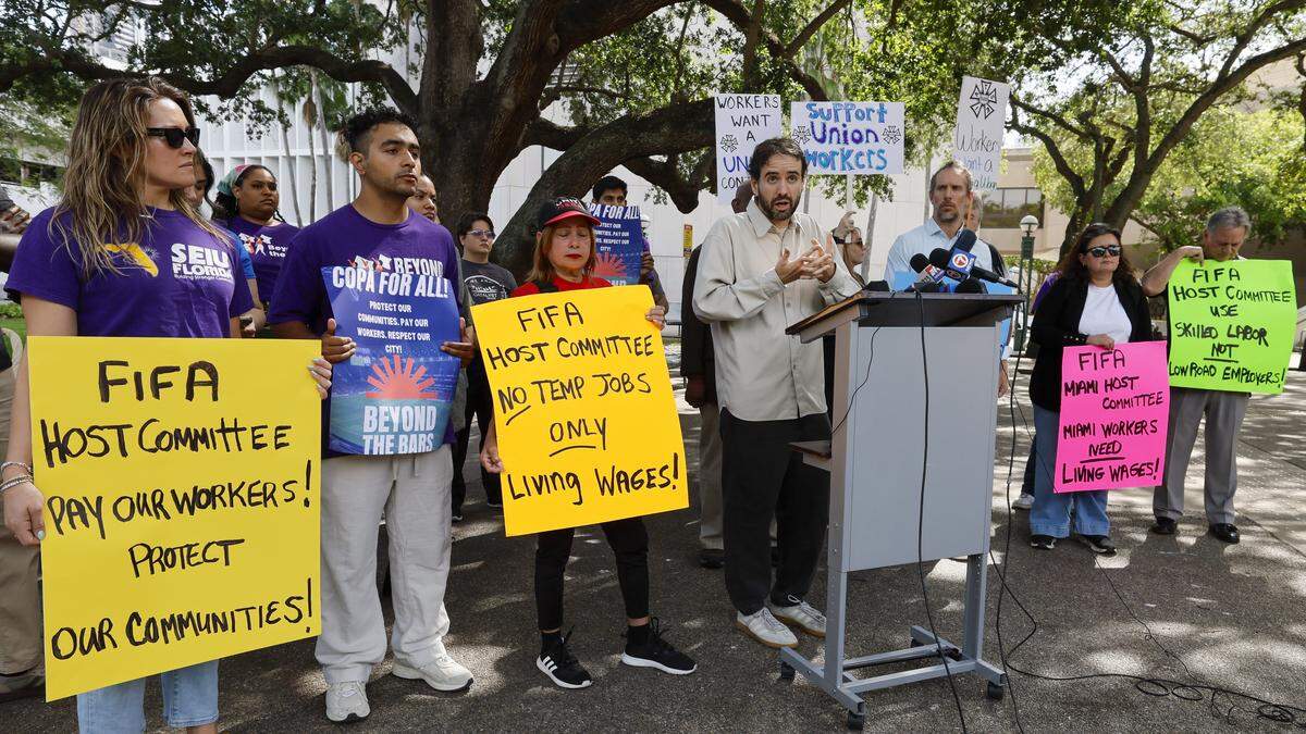 Thomas Kennedy, Policy Analyst for the Florida Immigration Coalition speaks during a press conference outside Miami-Dade Government Center on Miami, Florida, on Tuesday, April 14, 2026.  Thirty South Florida Labor and Community Organizations are demanding accountability from FIFA and the Miami-Dade Host Committee ahead of the World Cup, 