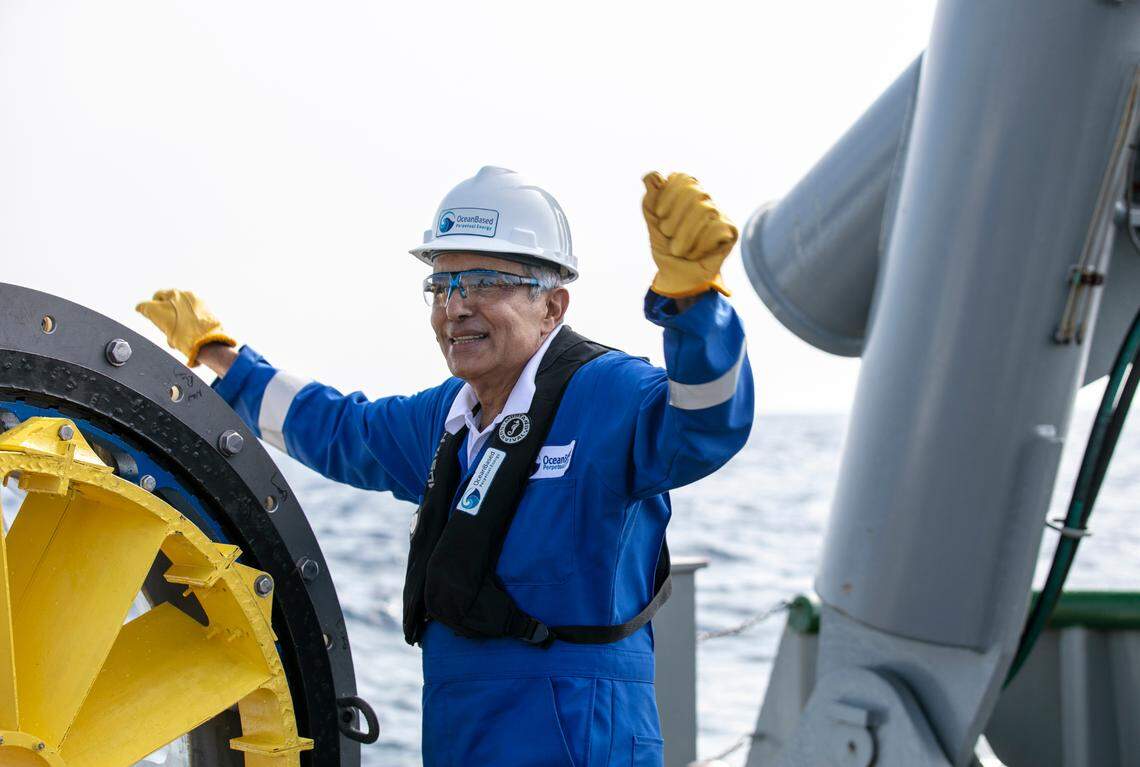 Nasser Alshemaimry, CEO of OceanBased Perpetual Energy, onboard a research vessel in the Gulf Stream during the turbine demonstration.