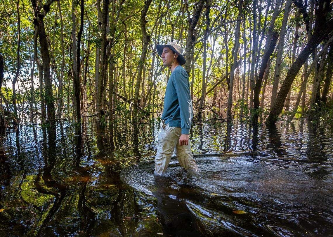 Thiago Essilnger, an employee in the sustainability department at the City of Coral Gables said he usually enjoys biking Matheson Hammock Park & Marina. He waded through a street that became impassable for cars to pass through during high tide. “I’m from here but I’ve never seen king tides. It’s one thing to hear it and another thing to see it and believe it,” he said.