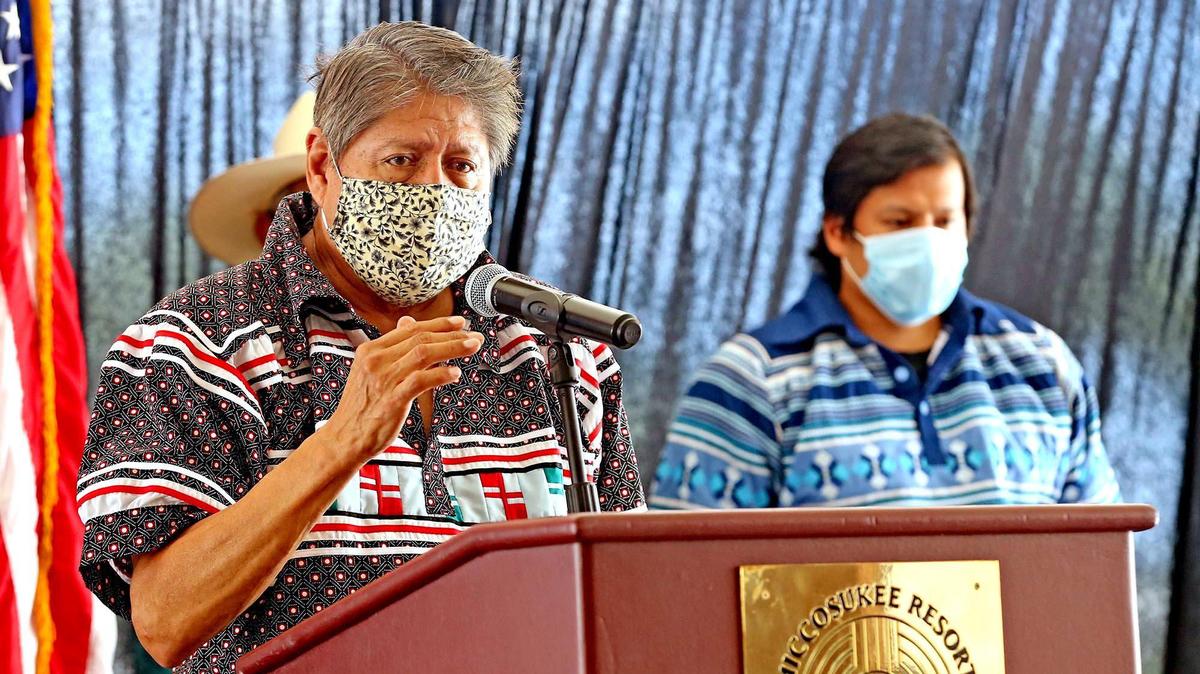 Miccosukee Tribe Chairman Billy Cypress talks to the media about the reopening of the Miccosukee Bingo and Gaming on Tamiami Trail and safety measures the tribe put in place amid the coronavirus, May 20, 2020.